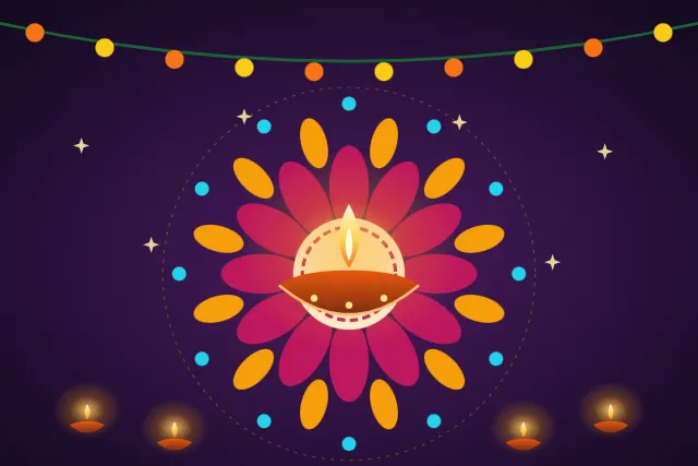 A glowing diya inside a pink and marigold rangoli, with a marigold garland above