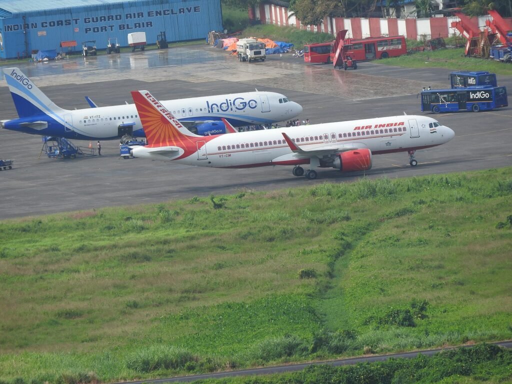 Air India and IndiGo aircraft parked at Veer Savarkar International Airport, Sri Vijaya Puram (Port Blair)
